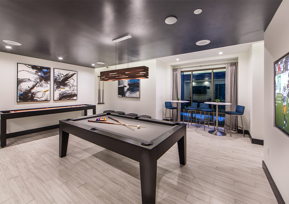 Clubhouse game room with billiards and shuffleboard