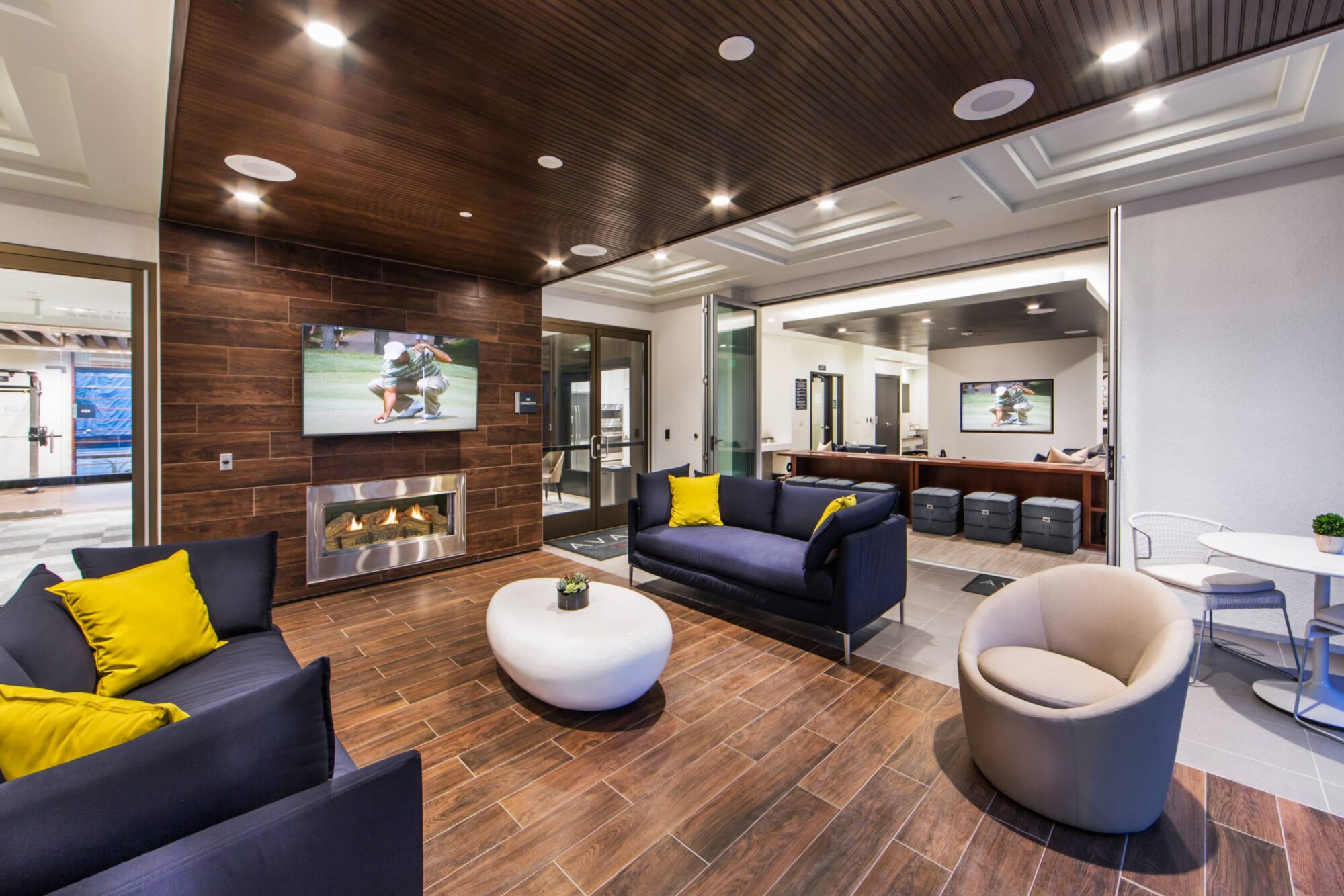 clubhouse lounge with sofas, TVs, and fire place